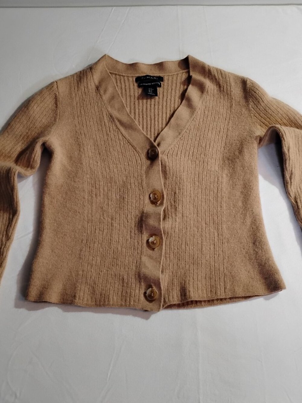 Tahari 100% Extrafine Merino Wool Camel Button Cardigan Women's M